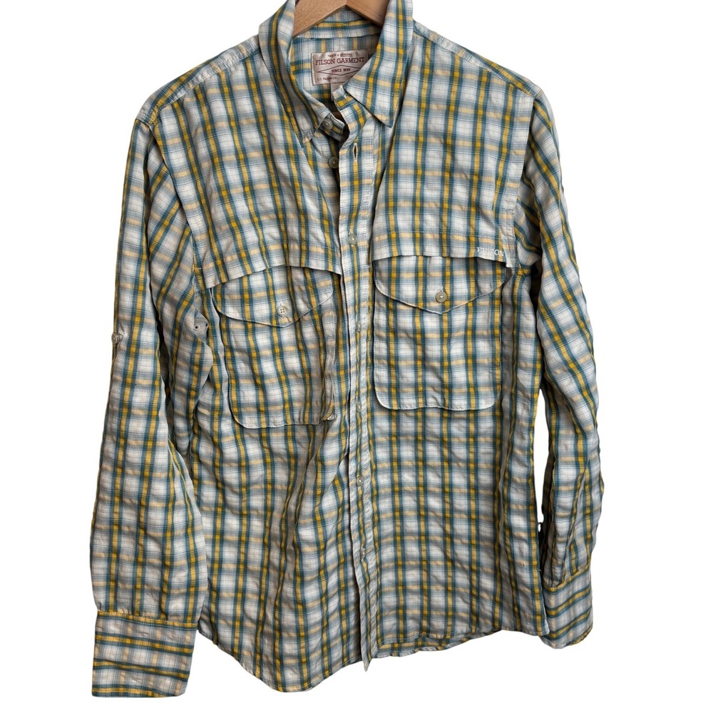 Filson Mens Plaid Mesh Back Fishing Shirt S Yellow Blue Button Up Gorpcore Hike